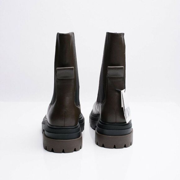 Zara Womens Chelsea Khaki Leather Ankle Boots Lug Soles EU 38 US 7.5 1176/810 - Picture 7 of 10